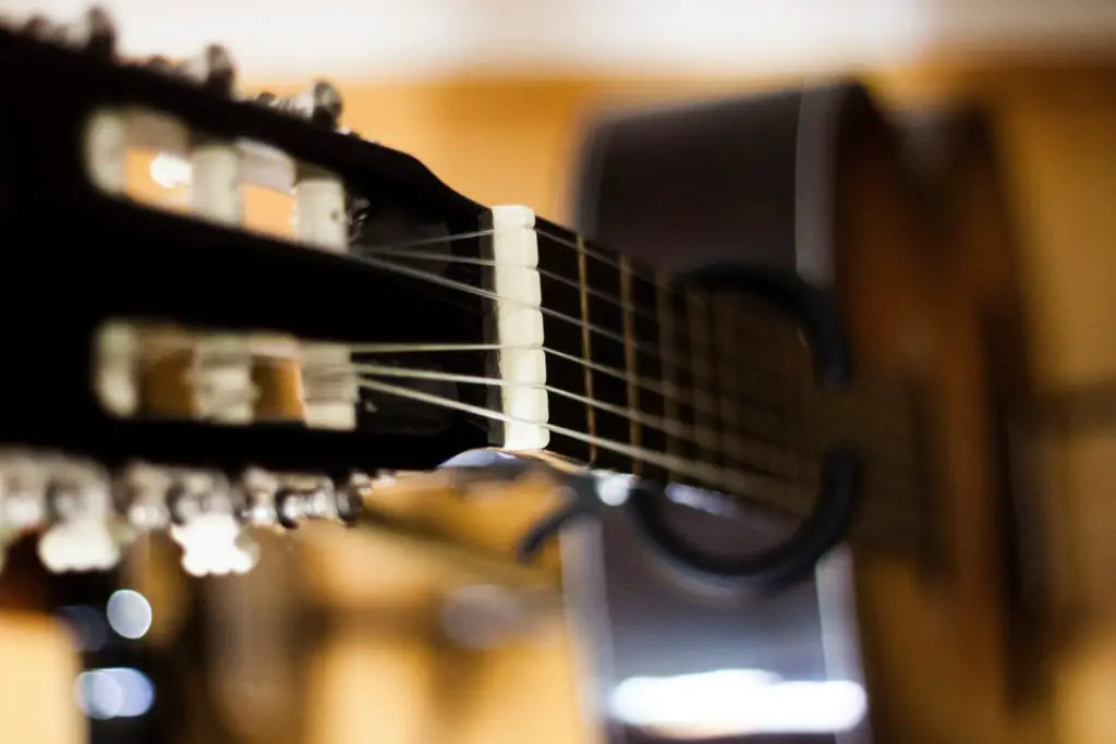 A close up photo of a guitar